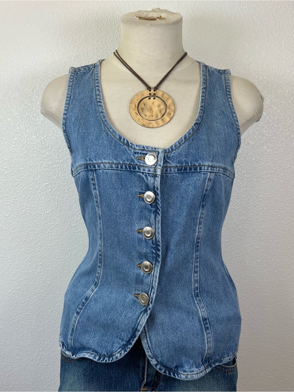 Boho Blue Denim Button-Front Women's Jeans Vest